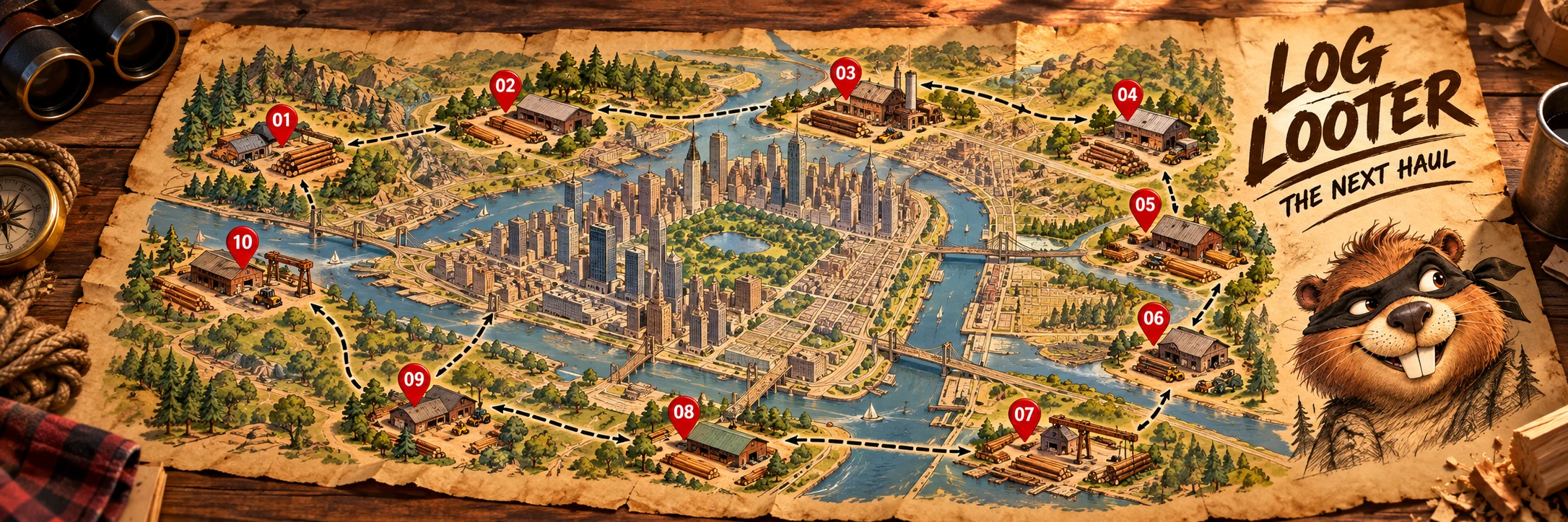 Bandit's illustrated map of ten lumber-heist locations